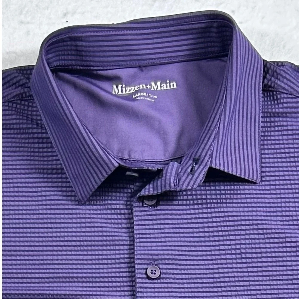 Mizzen+Main Polo Shirt Mens Lg Trim Fit Purple Stripe Performance Golf Stretch